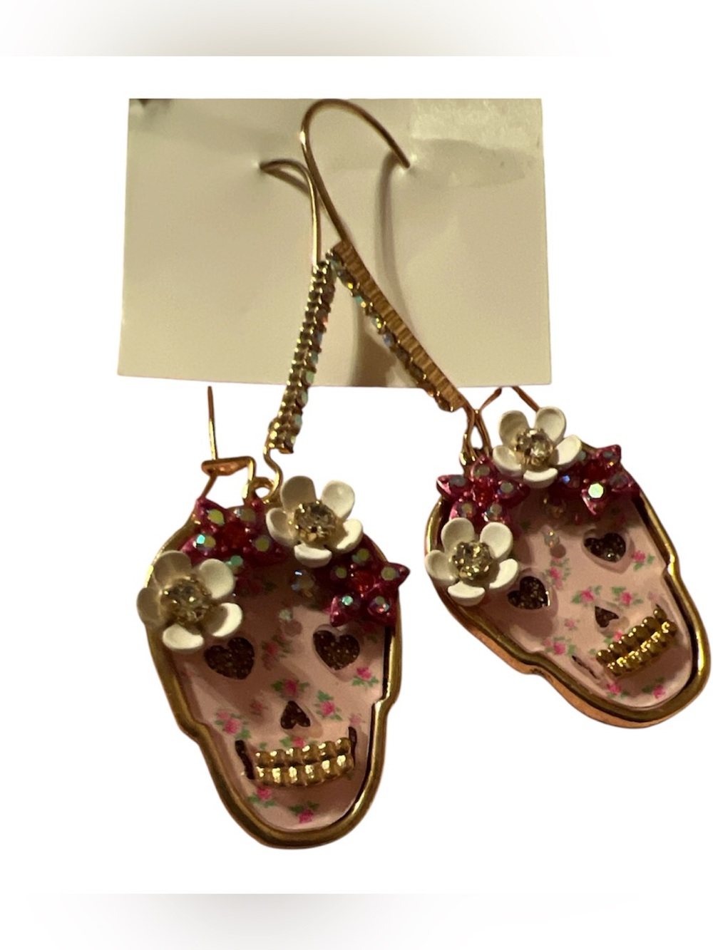 Betsey Johnson Gold-Tone Pink Floral Skull Dangle Earrings